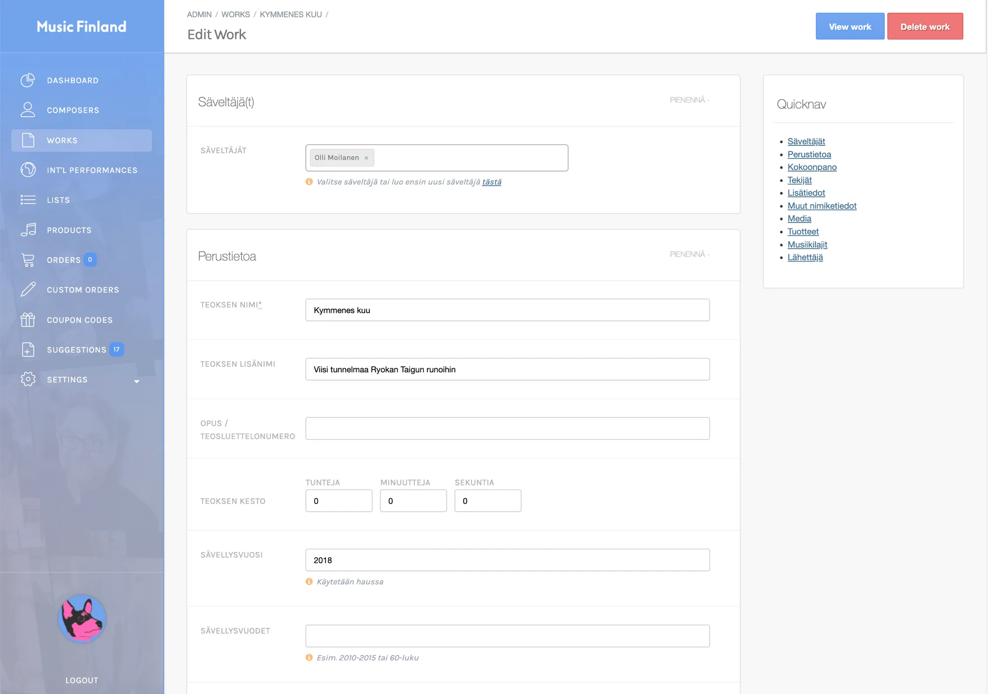 The Music Finland admin: editing a work, with composer, title, duration and year fields, a quick navigation sidebar and a blue main menu