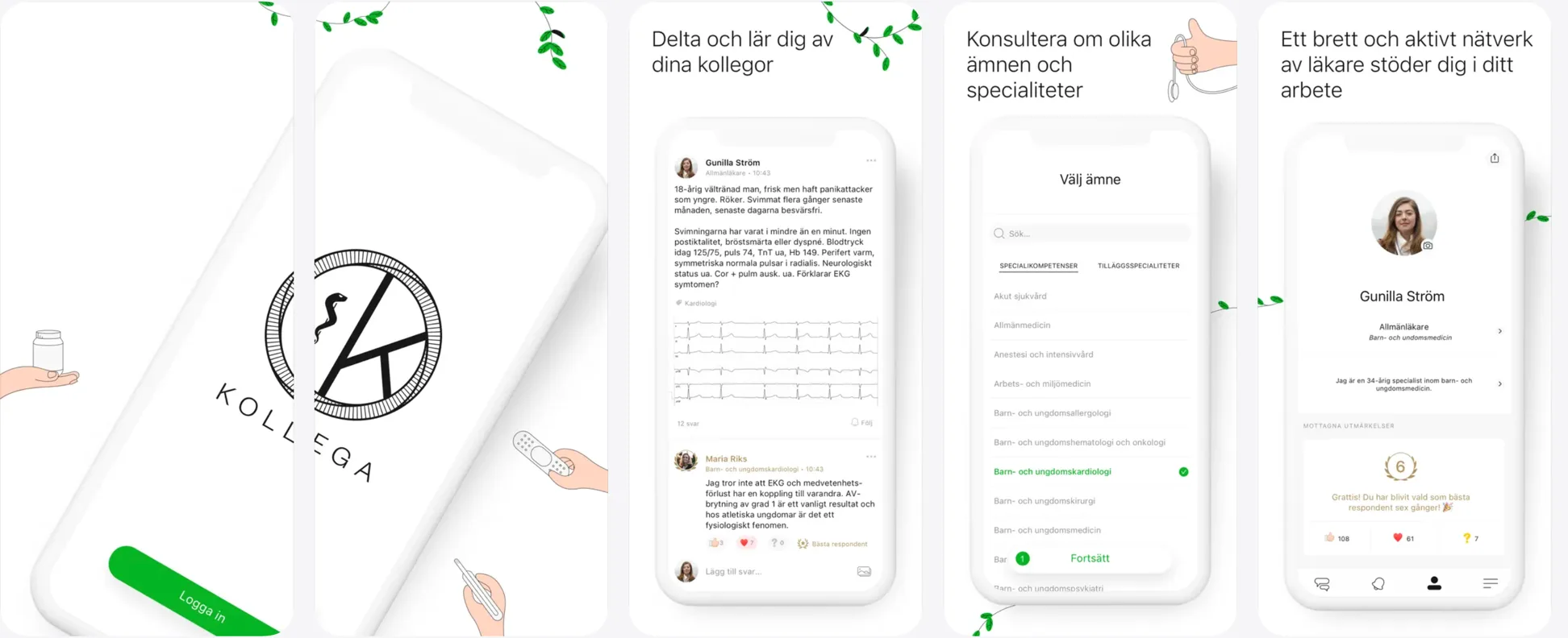 Kollega's App Store screenshots: sign-in, a consultation thread with an ECG, choosing a specialty, and a doctor's profile