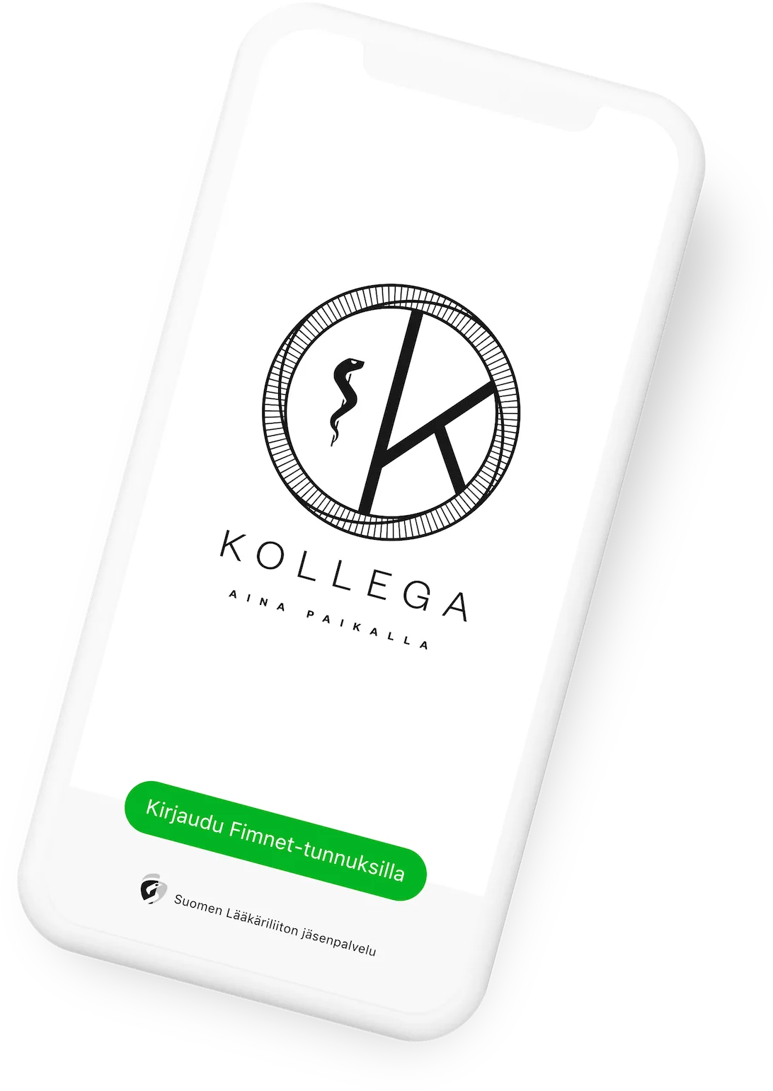 The Kollega app's sign-in screen on a phone: the Kollega mark and a Fimnet login button