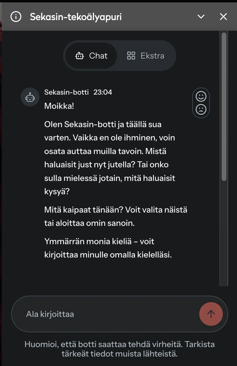 The Sekasin-botti chat assistant greeting a visitor in Finnish, with a Chat/Extra toggle and a message box