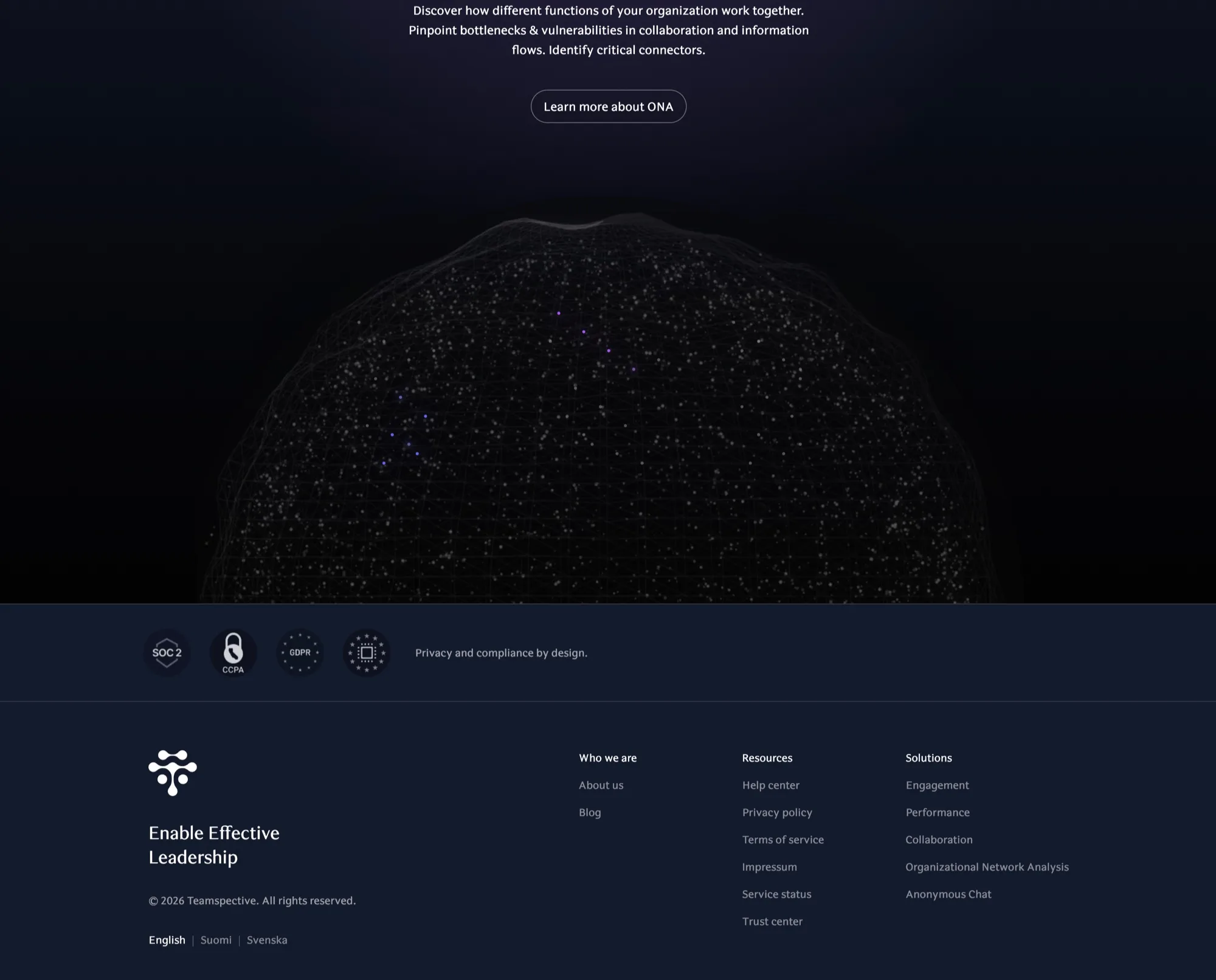 Live footer: SOC 2, CCPA, GDPR and EU badges with “Privacy and compliance by design”, then the logo, tagline, link columns and language switcher, beneath a dark globe of connected dots