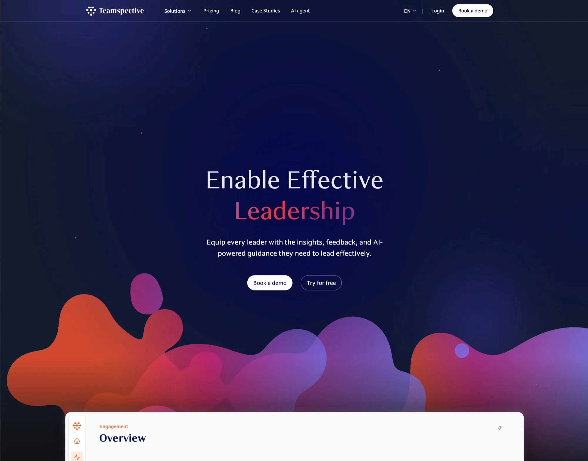 Live teamspective.com hero: “Enable Effective Leadership” over a dark background with flowing gradient shapes and two buttons