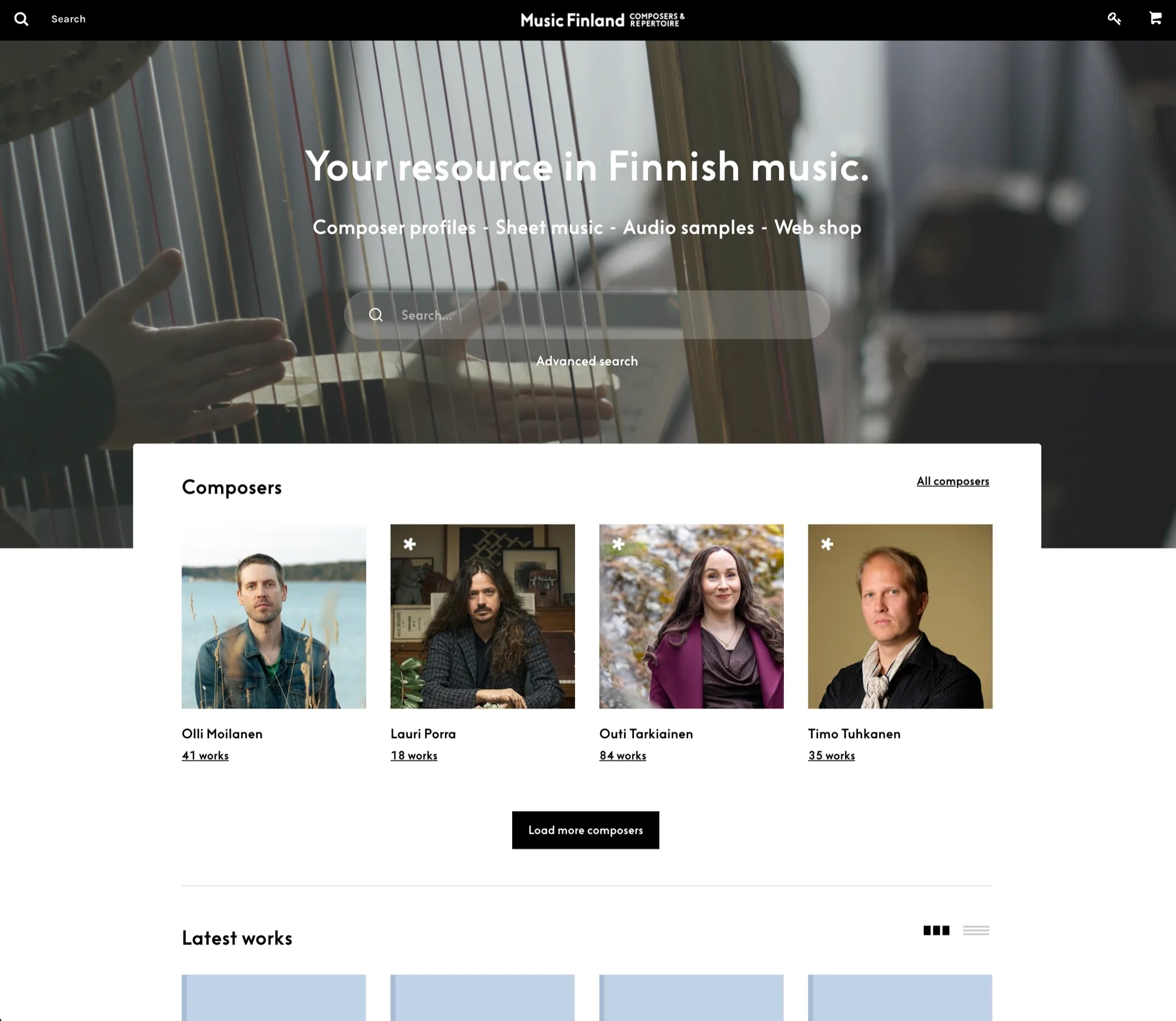 Music Finland Core homepage: a full-bleed photo of a harpist behind the headline “Your resource in Finnish music.”, the subline “Composer profiles · Sheet music · Audio samples · Web shop”, a search field with an advanced search link, then a grid of composer portraits with work counts and a Latest works section