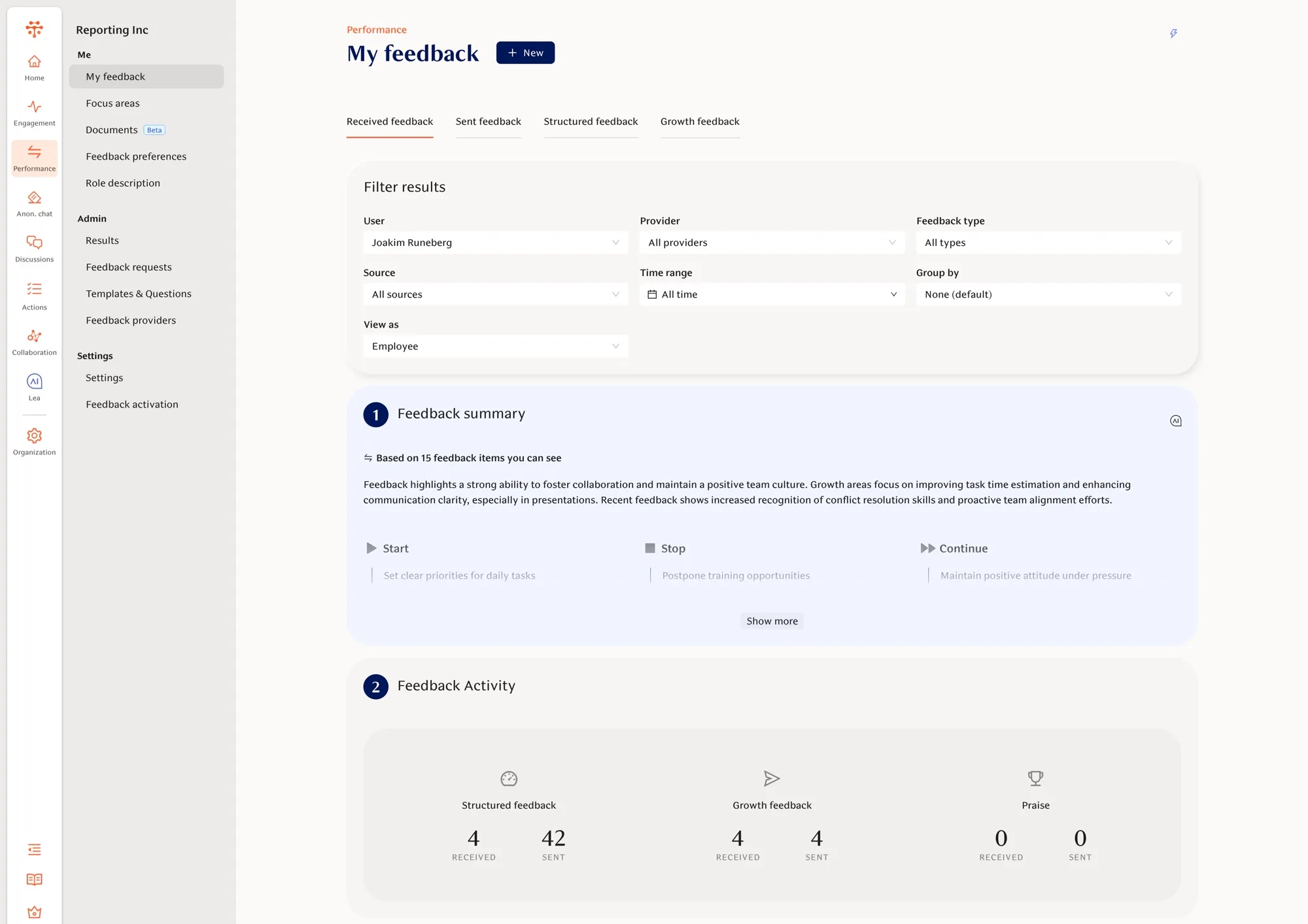 The previous My feedback page: a large filter panel with seven dropdowns (user, provider, feedback type, source, time range, group by, view as), followed by a numbered AI feedback summary block and a feedback activity block with received and sent counts