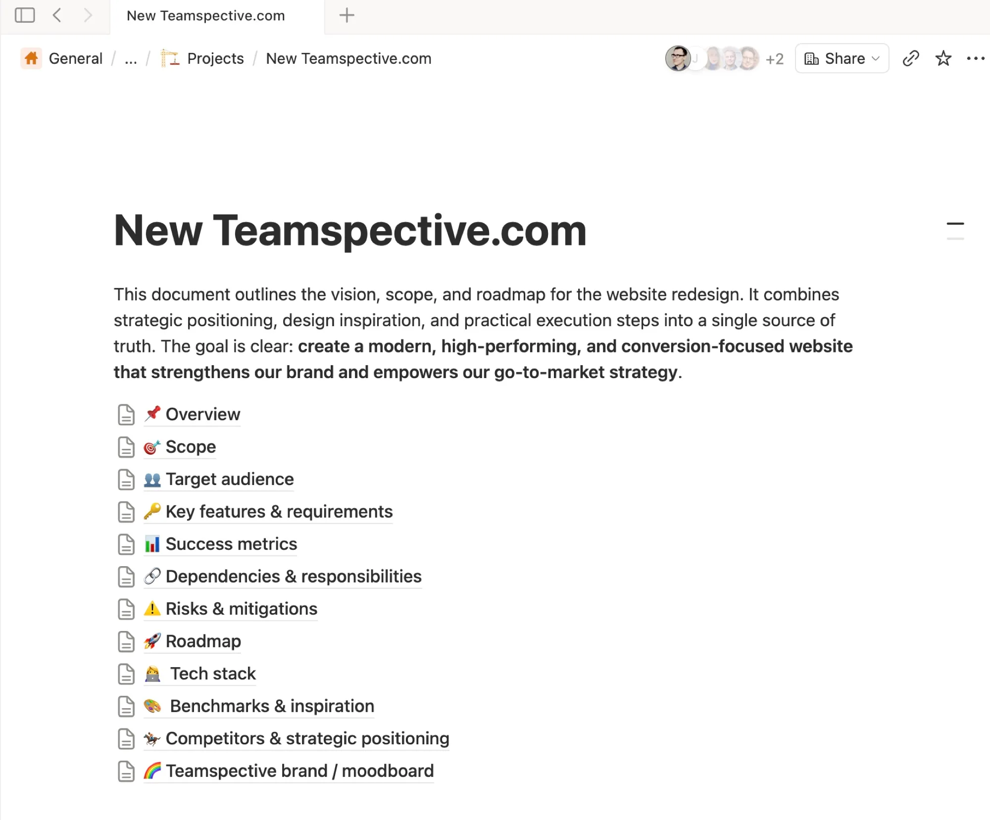 Notion page titled New Teamspective.com: an intro stating the goal of a modern, high-performing, conversion-focused website, followed by sub-pages for Overview, Scope, Target audience, Key features & requirements, Success metrics, Dependencies & responsibilities, Risks & mitigations, Roadmap, Tech stack, Benchmarks & inspiration, Competitors & strategic positioning, and Teamspective brand / moodboard