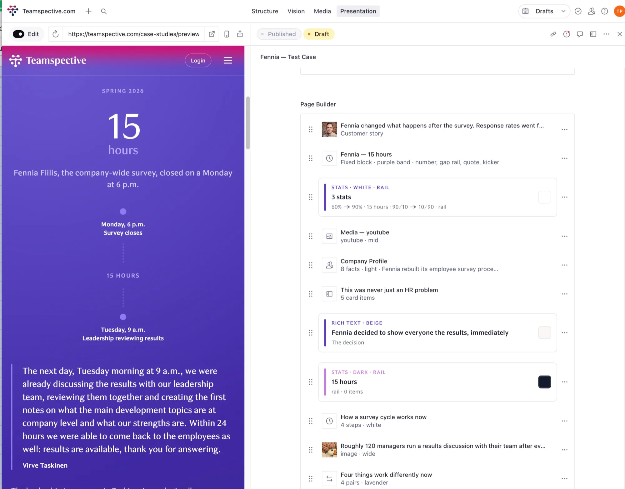 Sanity Studio in Presentation mode: a live mobile preview of a Teamspective customer case study on the left, and on the right the page builder listing its blocks — customer story, a fixed “15 hours” purple band, stats (white, rail), YouTube media, company profile, a card list, rich text (beige), stats (dark, rail), a four‑step list and an image block