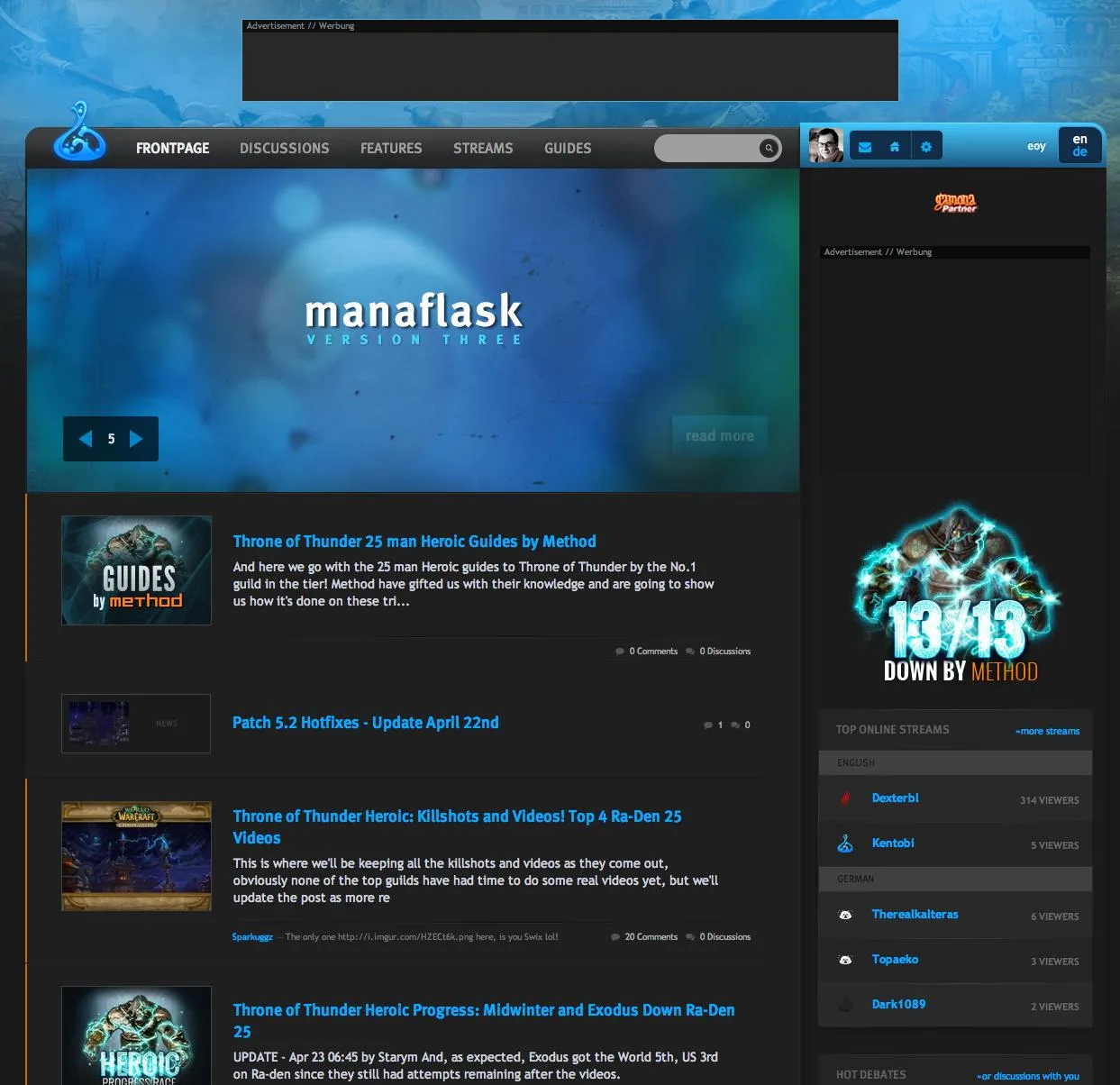 Manaflask version three: a blue hero banner, a news feed with comments, live streams and a progress tracker in the sidebar